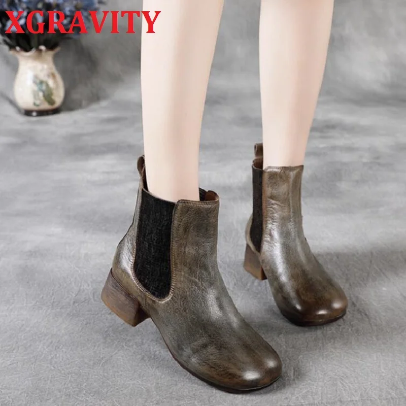 

XGRAVITY S037 New Fashion Shoes Elegant Gray Color Genuine Cow Leather Boots Slip On Fashin Autumn Boots Vintage Female Shoes