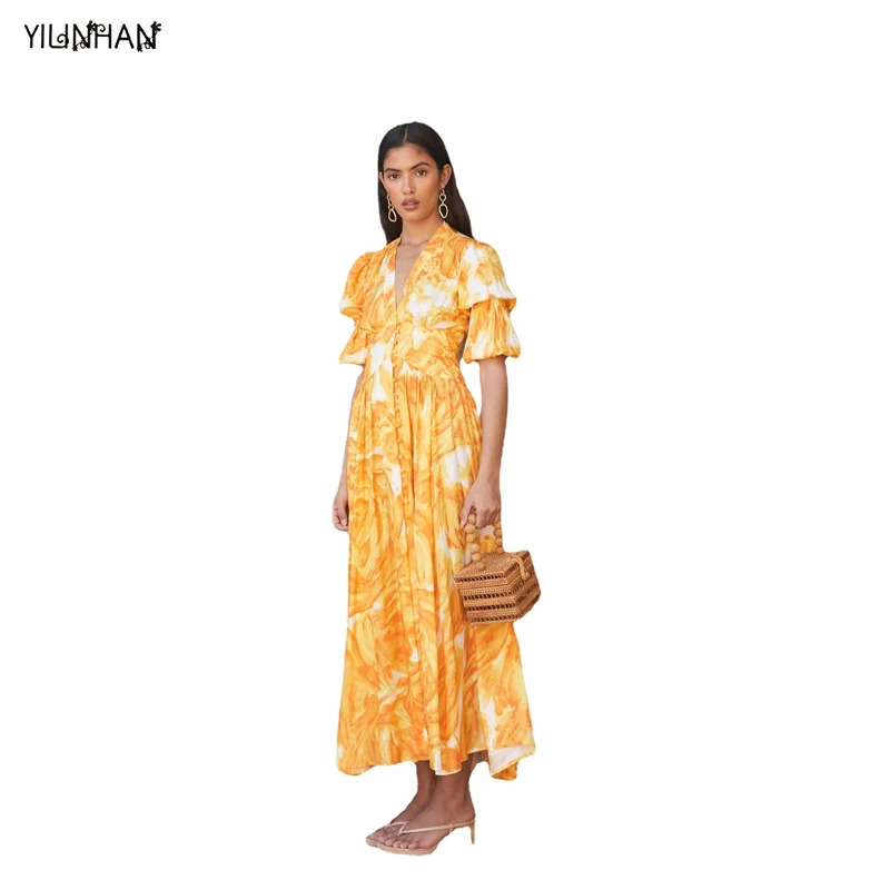 

YILINHAN Print Long Maxi Dresses for Women Summer 2021 V Neck Buttons Lantern Sleeve Yellow Tie Dye Vintage Boho Beach Dresses