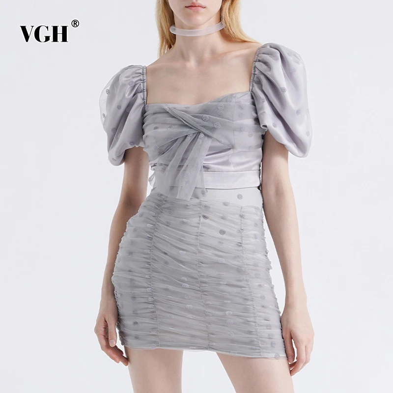 

VGH Casual Gray Crinkle Slim Bodycon Dress Female Square Collar Puff Short Sleeve High Waist Mini Dresses For Women 2021 Fashion