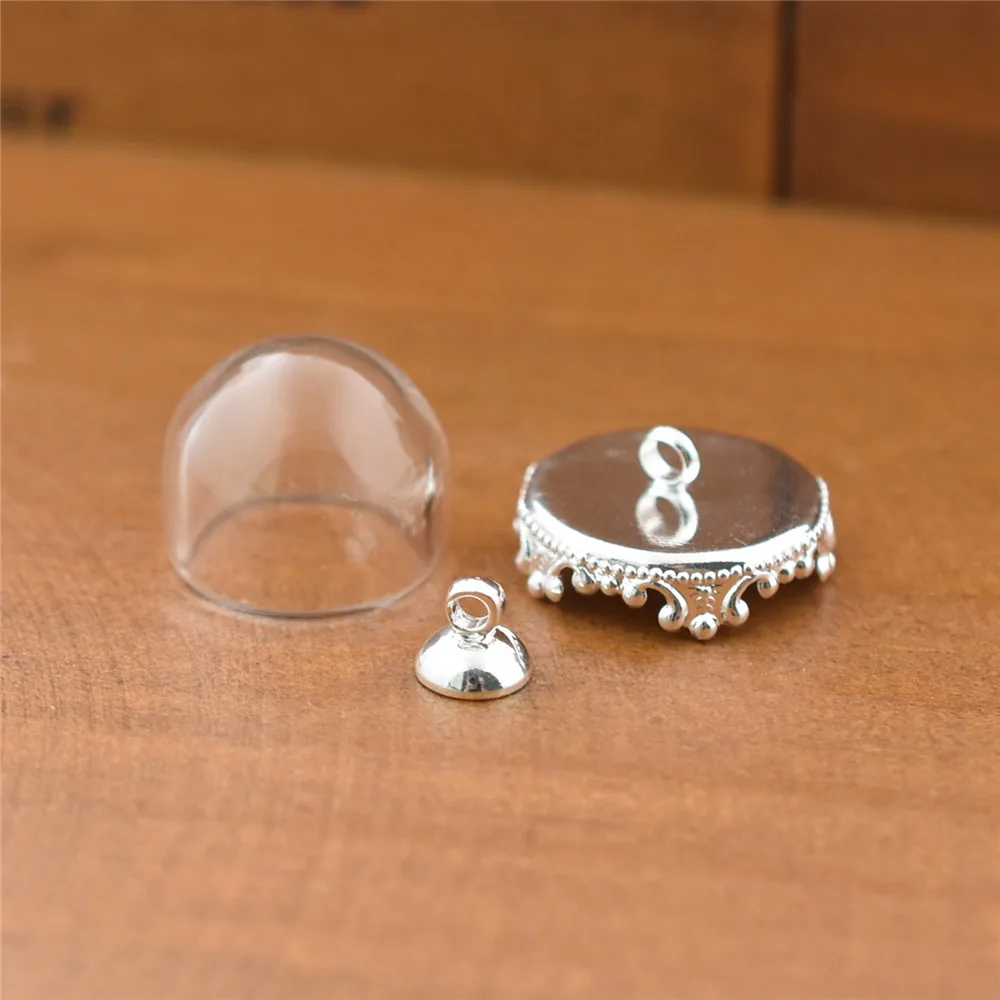 

5sets 15mm half of glass globe with base and cap set glass vial pendant fashion necklace pendant