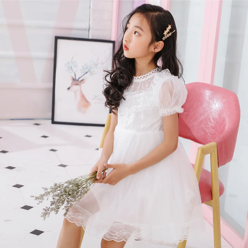 Girls Dress Short Sleeve Fairy Gauze White Wedding Flower Girl Lace Princess Veil Puff Kids Wear Vestidos Niña | Детская одежда и