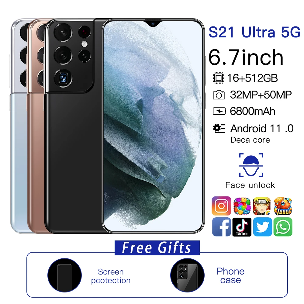 

2021 Newest S21Ultra 5G Global Version Smartphone 6.7 Inch Water Screen Qualcomm 888 16G 512G 32MP 50MP Camera Face ID