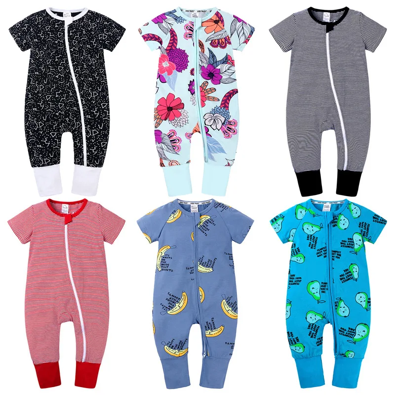 Детский хлопковый комбинезон с коротким рукавом мультяшным принтом|Ромперы| |