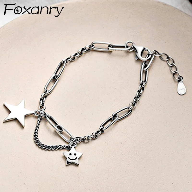 

Foxanry Silver Color Thick Chain Bracelet for Women Vintage Handmade Creative Star Smiley Face Pendant Rock Party Jewelry