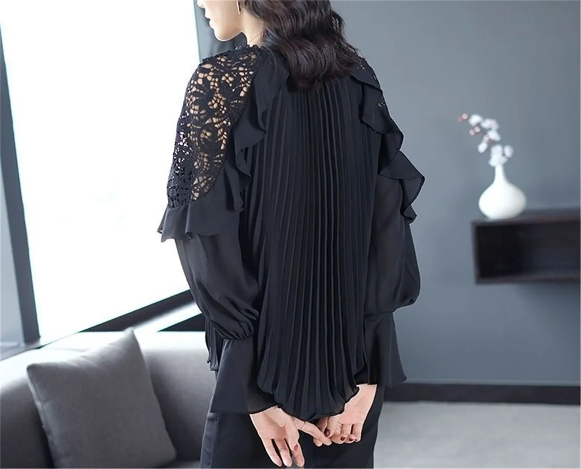 Женская шифоновая блуза с длинным рукавом круглым вырезом и кружевом | одежда