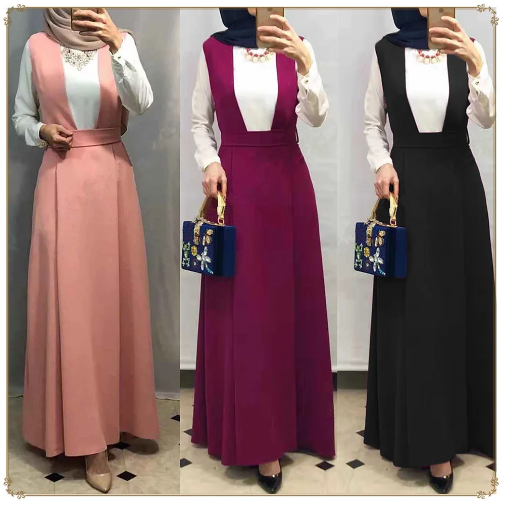 Женское мусульманское платье с длинным рукавом Abaya юбка драпировкой на лямках