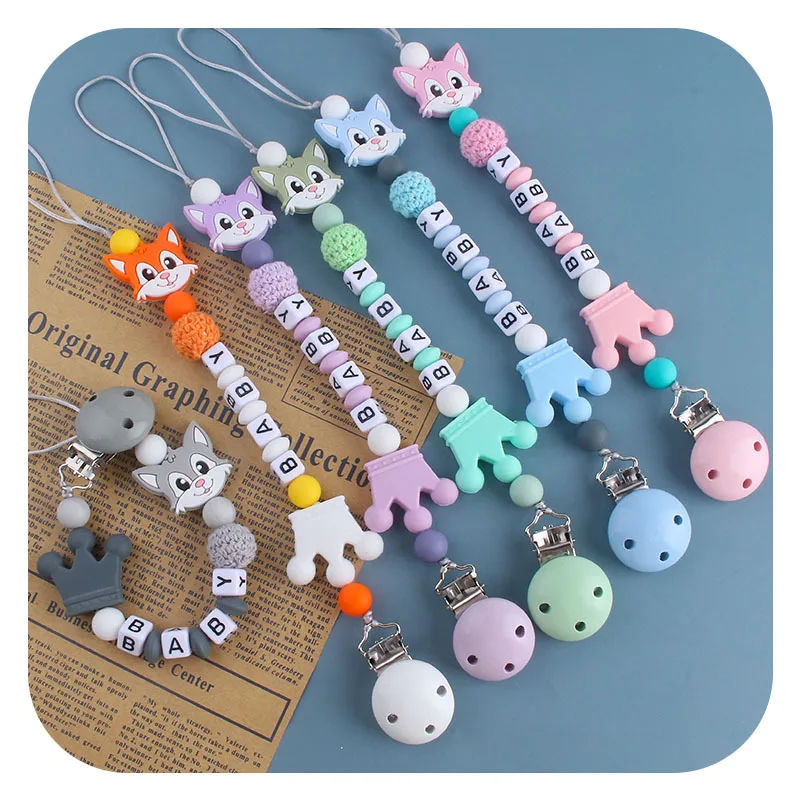 Coskiss-Cadena de Portachupetes hecha a mano con nombre personalizado, cadena de silicona para chupete, juego de cadenas para gato, civeta, cadena de mordedor para beb&eacute;-2