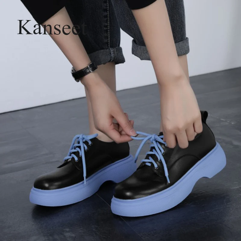 

Kanseet Women Shoes New Autumn Round Toe Lace-Up Genuine Leather Casual Handmade Platform Ladies Flats Female Footwear Size 40