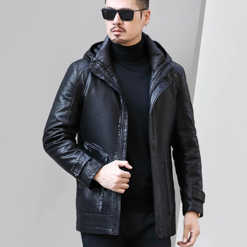 

Мужской пуховик средней длины, с капюшоном и отворотом на белом утином пуху, 2022