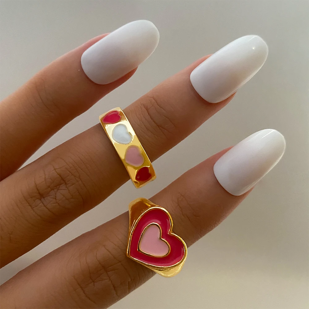 

IFME Trendy Golden Metal Rings Set For Women Pink Heart Love Adjustable Open Ring Fashion Jewelry Y2K