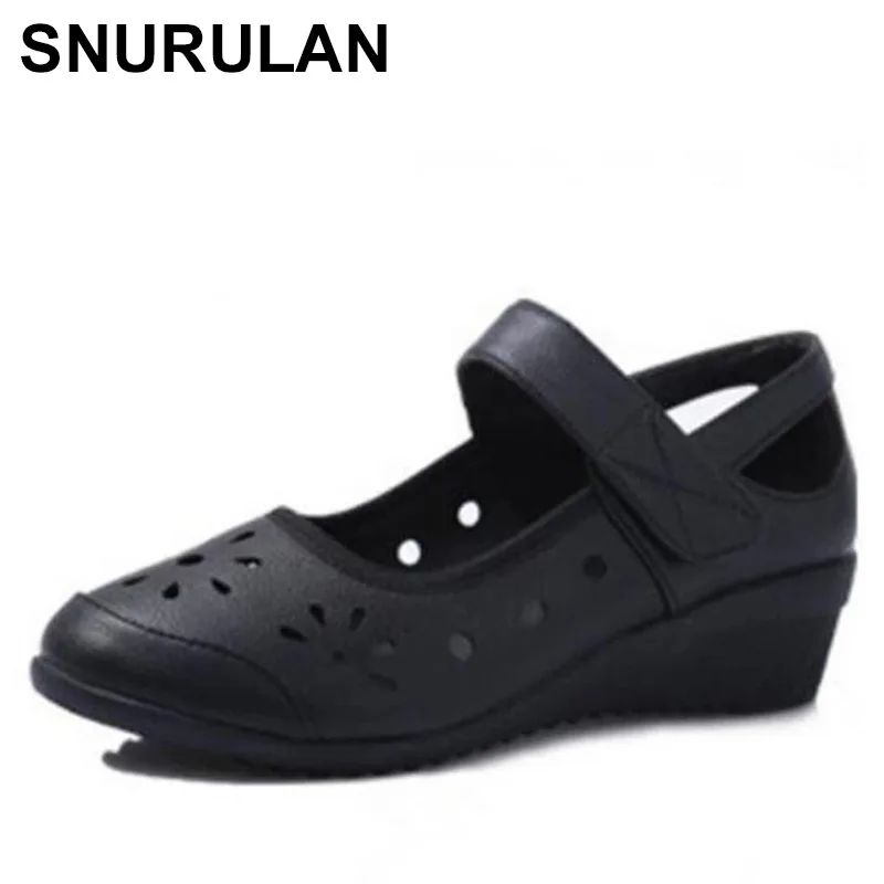 

SNURULANNew Summer Breathable Cowhide Leather Shoes Woman Sandal Shoes Round Head Soft Sole Comfortable Wedges Sandals WomenShoe