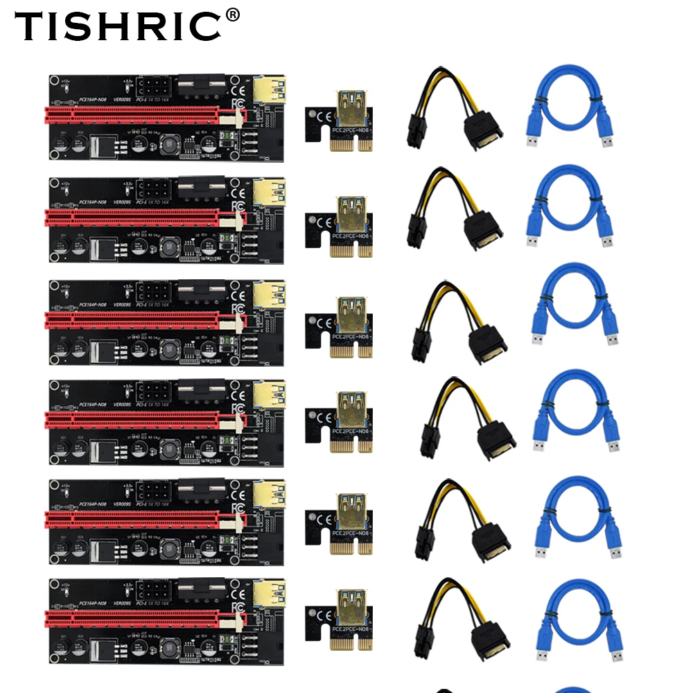 

6pcs TISHRIC gpu PCIE PCI-E Riser 009S card PCI E X16 PCI Express 6Pin to SATA 1X 16X USB3.0 Extender LED For Mining ETH BTC