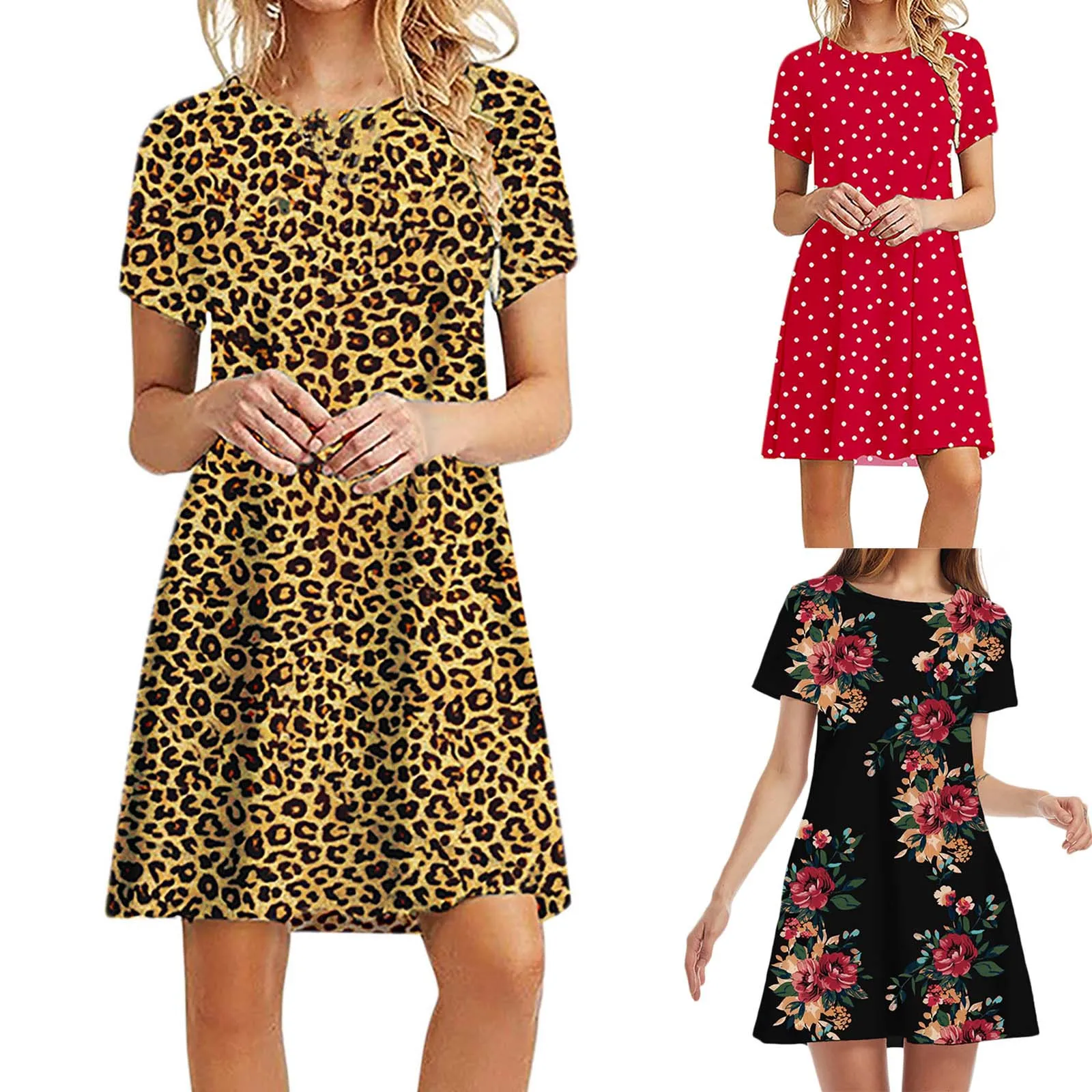 

2021 летние платья, женские повседневные платья размера плюс с коротким рукавом и О-образным вырезом платье новый дамы печатных свободные мин...