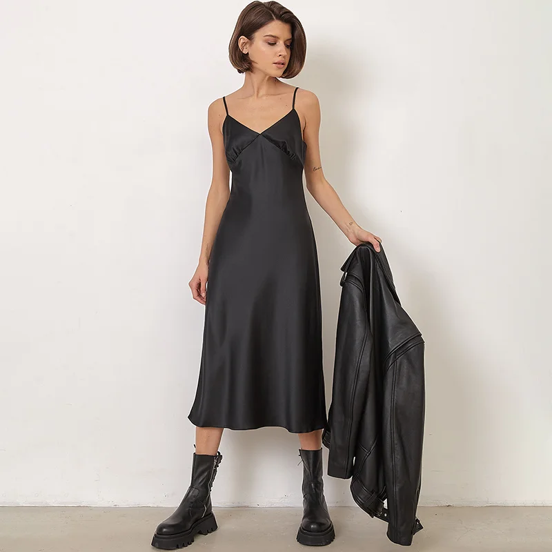 

Satin Spaghetti Strap Dress Women Sexy V-neck Backless Loose Straight Long Party Dress Elegant Solid Basic Beach Dress Summer