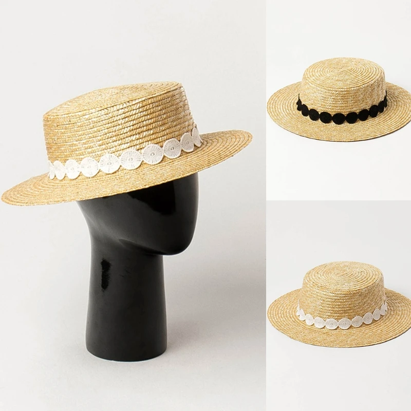 

Summer Anti-UV Beach Dome Flat Caps Breathable Folding Straw Sun Bucket Lace Hats with Wide Brim for Adult Women