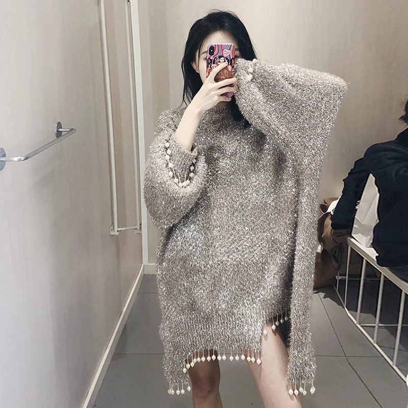 Женский Длинный пуловер с перламутровой бахромой толстый Толстый Пуловер