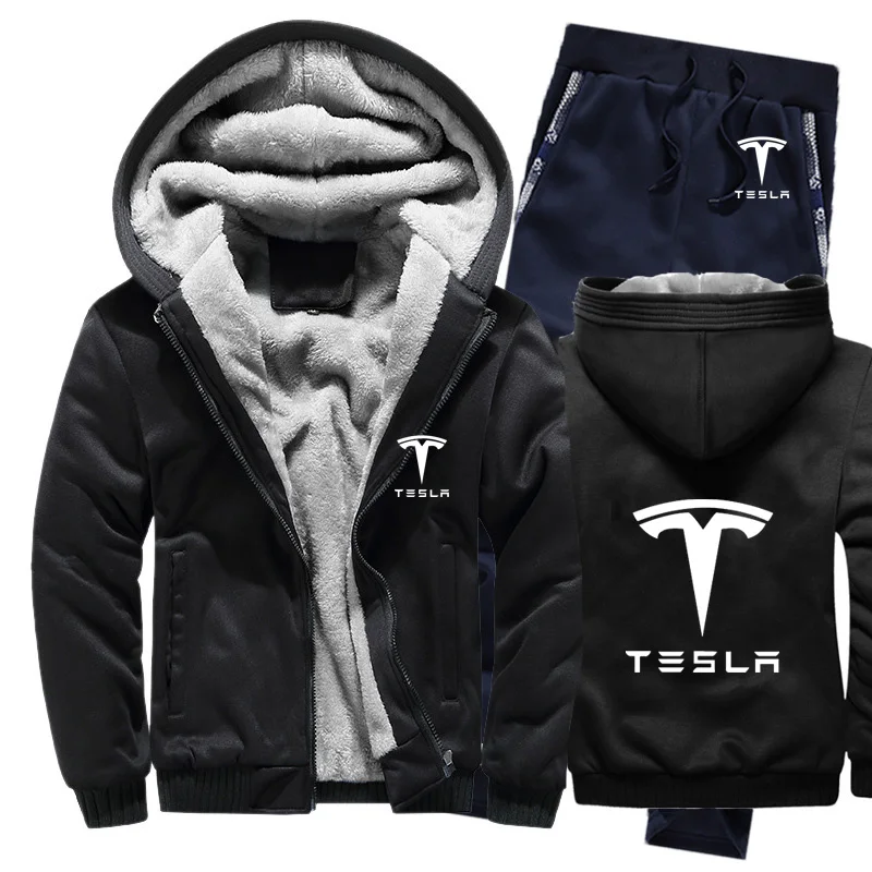 Hoodies Men Tesla Car Logo Mens Hoodies Suit Winter Thicken Warm Fleece cotton Zipper Tracksuit Mens Jacket+Pants 2Pcs Sets