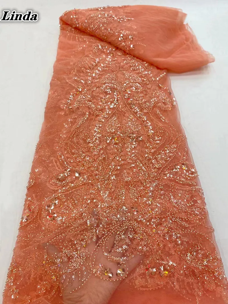 

Linda Orange Fashion Design Shining Glued Glitter African Tulle Mesh Fabric with Beads Sequins for Wedding or Evening Dress