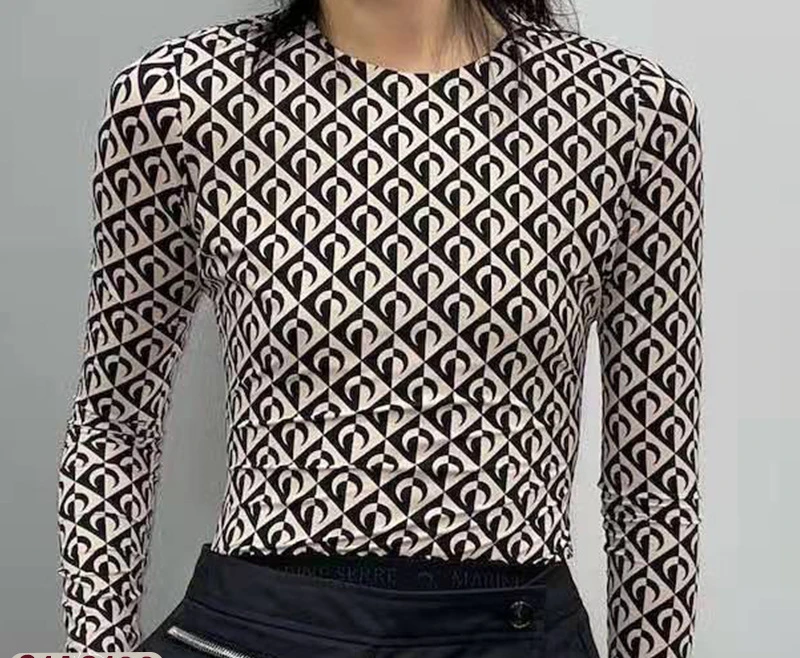 

Футболка в рубчик, весна-осень 2021 г., тянущаяся Базовая футболка с длинным рукавом, симметричным рисунком Луны, круглым вырезом, M2