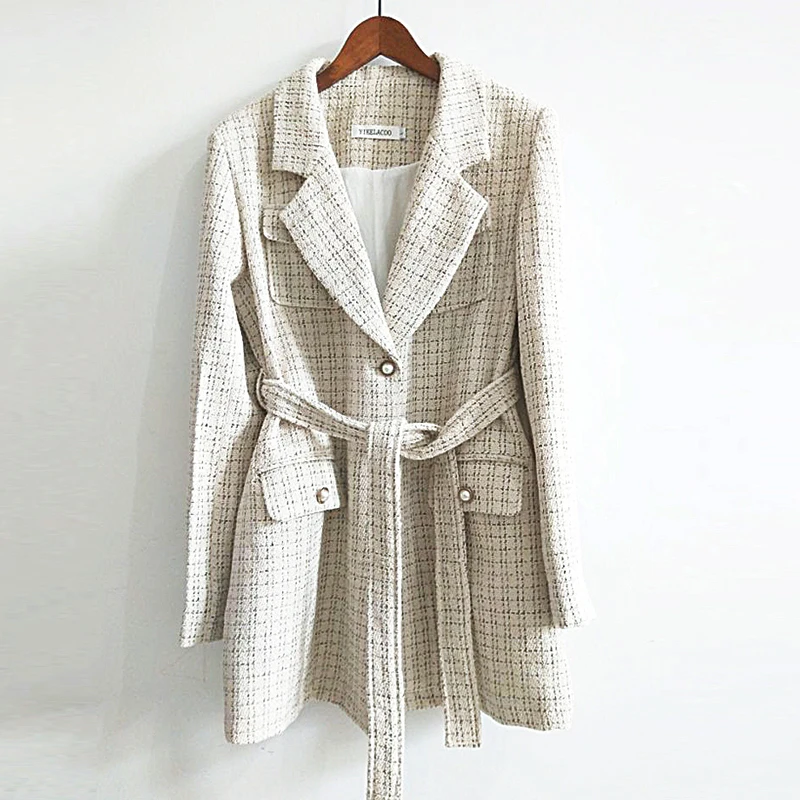 

Apricot Plaid Jacket Women Tweed Autumn / Winter Women's Casual Jacket Long Sleeve Business ladies One Piece Jacket Coat