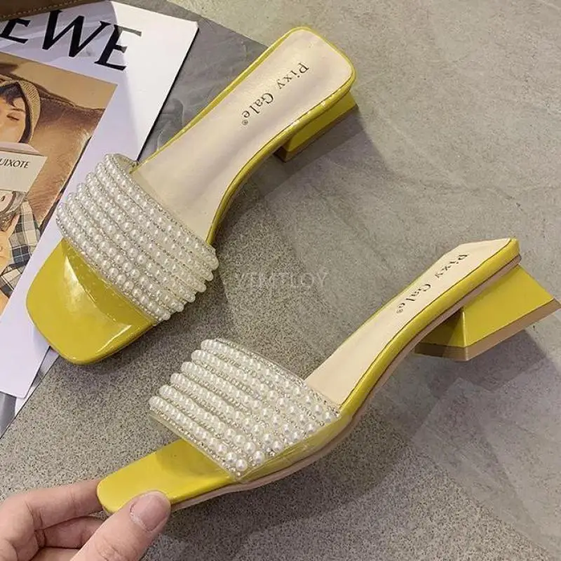 

2021 New Summer Slides Women Mules Sandals High Heels Slippers Square Heel Beach Flip Flop Zapatillas Mujer Casa