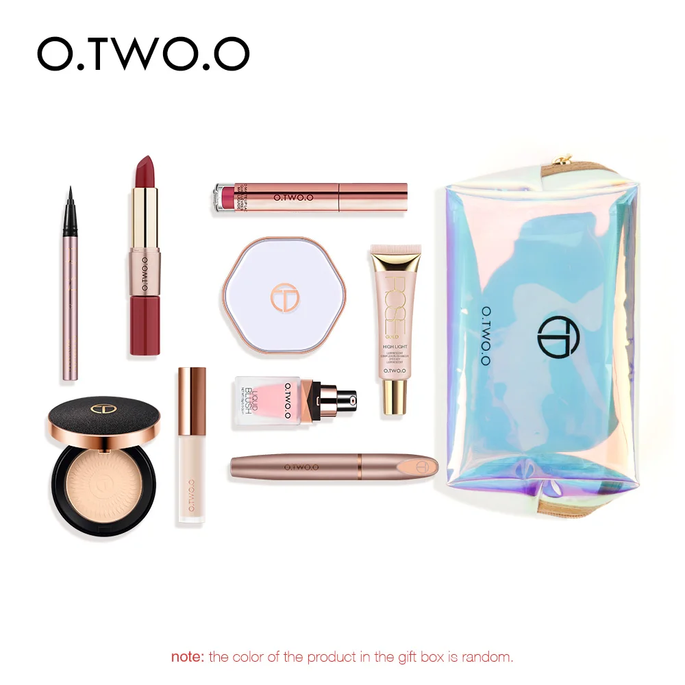 O.TWO.O 10pcs/set Full Makeup Kit Eyeliner pen lipstick lip lacquer glowing highlight powder liquid blush mascara Cosmetic bag