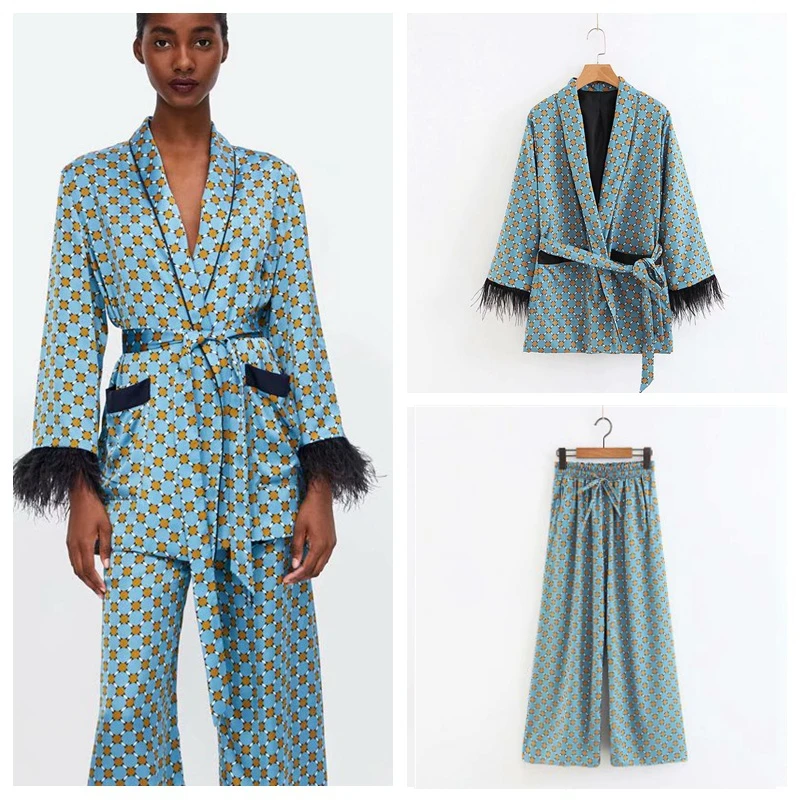 

Japanese Kimono Yukata Suit Ladies Vintage Print Style Jacket Ladies Feather Oriental Clothing Suit Blazer Fashion Pants 2022