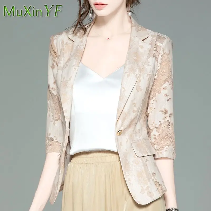 

Women's Suit Jacket 2022 Spring Autumn New Slim Casual Coat Korean Fashion Thin Section Sexy Lace Hollow Top Blazers