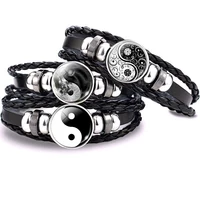 tai chi black and white black leather bracelet yinyang taoism jewelry glass cabochon punk jewelry charm bracelet for men
