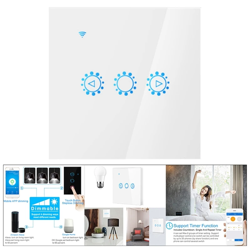 

Smart Dimmer LED Press Wifi Light Switch Smart Bulb Dimmer Wall Switch EU/UK with APP Voice for Alexa, Google Home