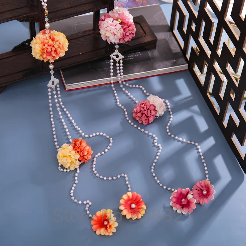 

XinHuaEase Hanfu Waist Accessories Handmade Silk Flower Ball Pearl Pendant Decorative Women Girls Ancient Style Photography New