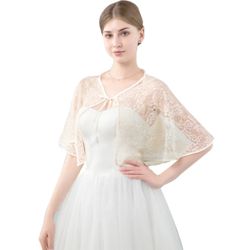 

Women Wedding Bridal Shawl Wrap Capelet Sheer Floral Lace Jacket Bolero Tulle Cape Bridesmaid Lace-Up Shrug Cover Up