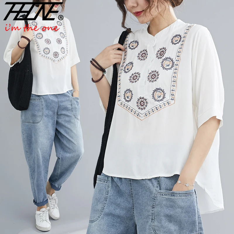 

THHONE Women's Clothing Blouse Women Shirt Tops Short Sleeve Embroidery Loose Korean T-shirt white blusas mujer de moda 2020