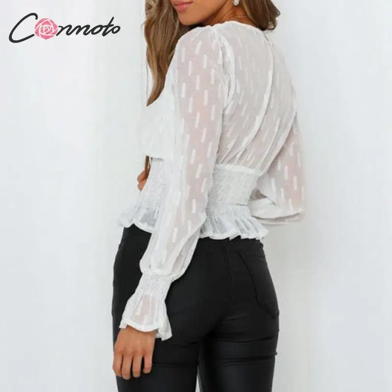 Conmoto/модные белые женские топы с v образным вырезом и блузка 2019 осенне зимняя