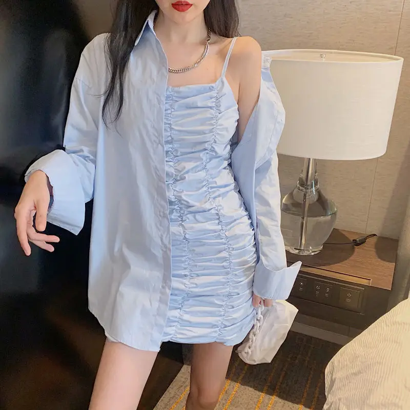 

Autumn New Suit Female Korean Version of Long-sleeved Shirt Jacket + Suspender Dress Two-piece Ins