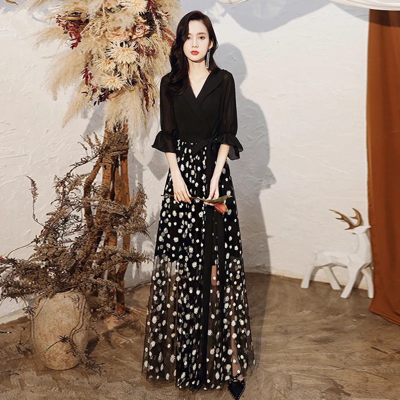 

Женское вечернее платье до пола, элегантное черное платье с V-образным вырезом, поясом-бантом, рукавом до локтя, с цветочным принтом, официал...