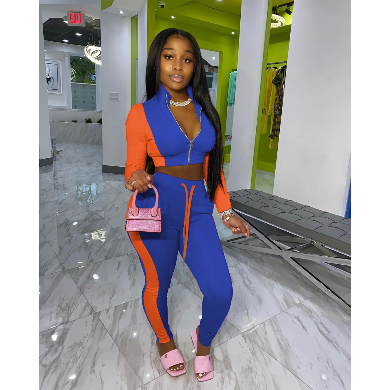 

Fall Tracksuit Women Two Piece Set Long Sleeve Crop Zipper Top and Drawstring Bodycon Pants Casual Matching Fitness Clothing