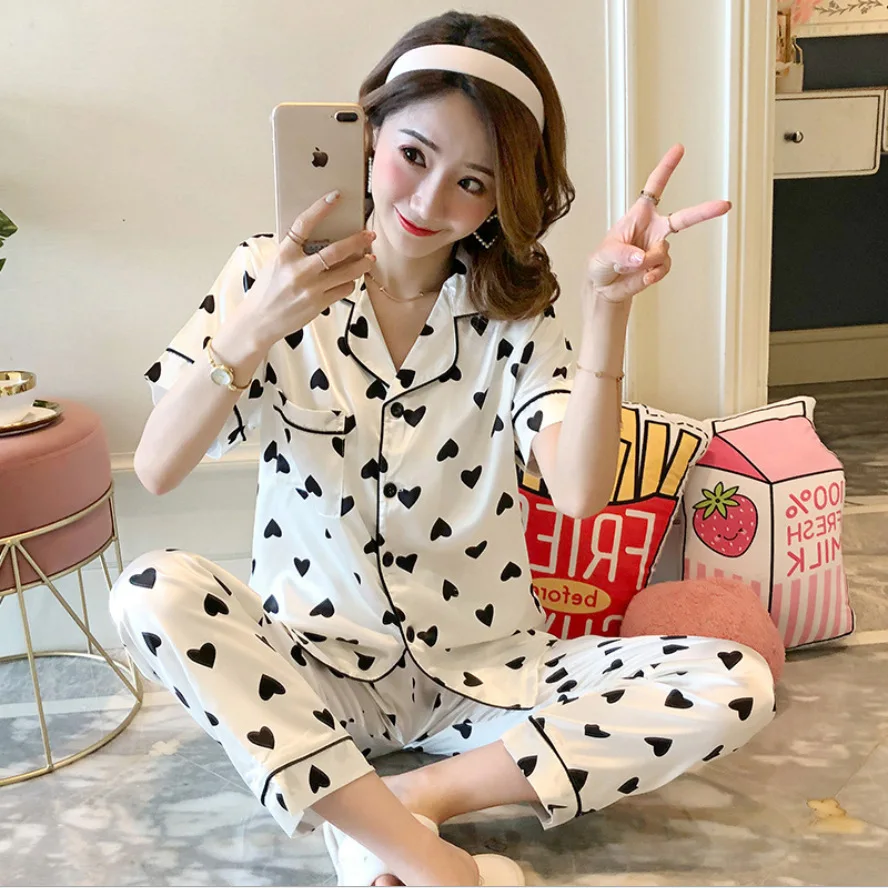 

Women Pajamas Sets Lapel Imitation Silk Long Sleeve 2PCS Home Wear Ladies Mujer Sexy Satin Tops+Pants Nightgown Sleepwear Autumn