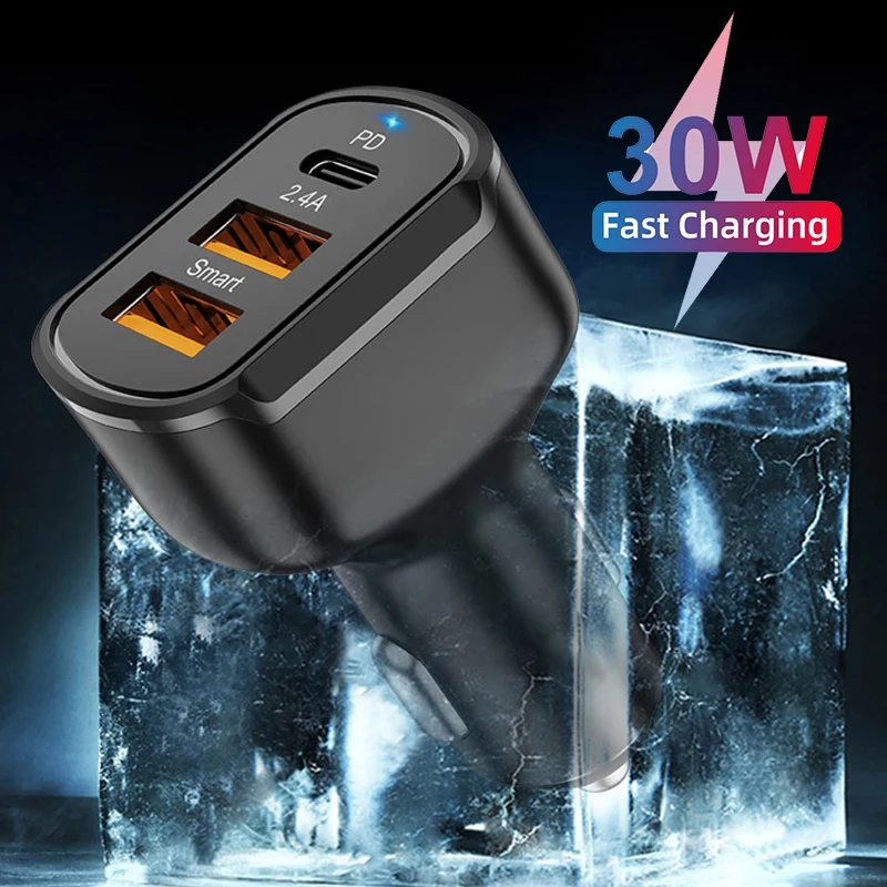 

Автомобильное зарядное устройство с 3 USB-портами, 30 Вт, Quick Charge 3,0, прикуриватель, мини-адаптер для смартфона для iPhone 12, 11, Pox Max, Xiaomi 11, Huawei