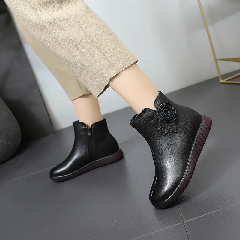 

New Classic Flowers Full Genuine Leather Shoes Woman Autumn Winter Boots Soft Comfort Flat Shoes Fashion Casual Boots Warm Boots