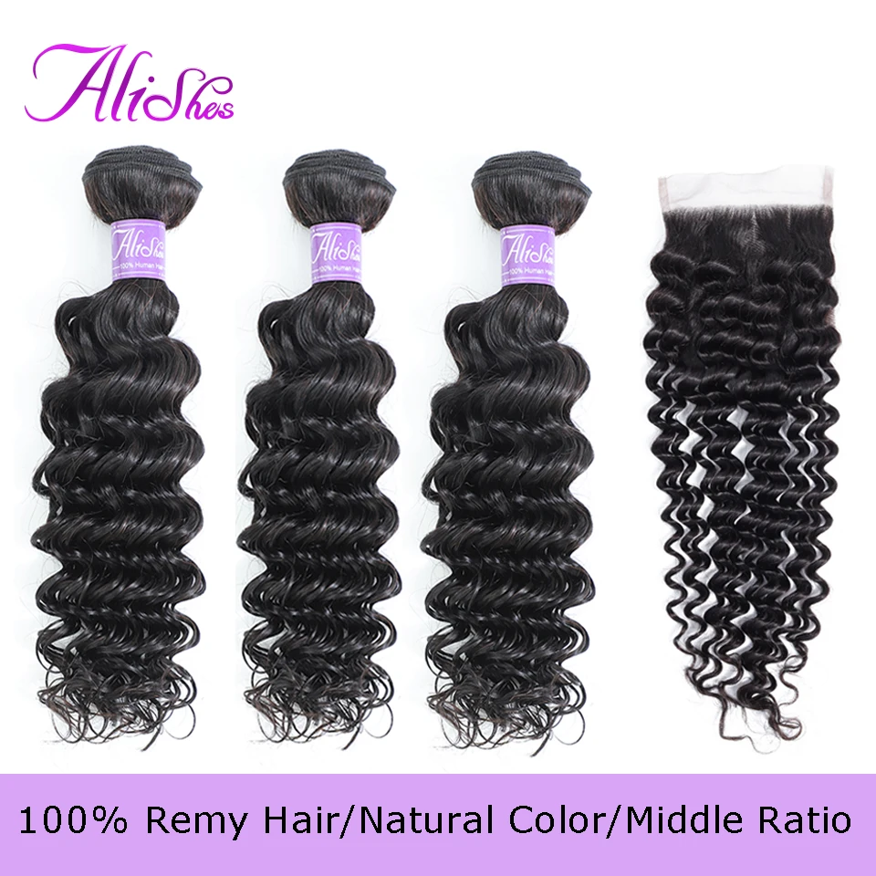 Лаки волос глубокая волна пряди с закрытием 100% Remy человеческие волосы ткачество 3