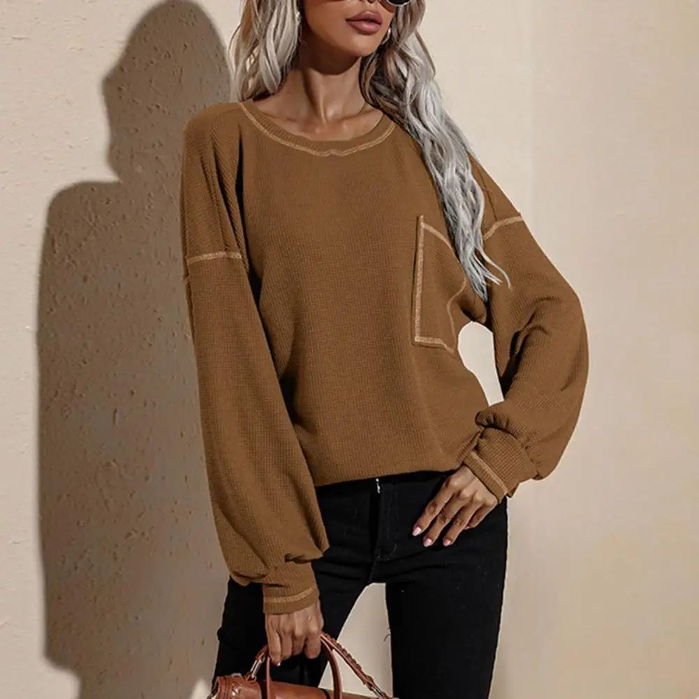 

Popular Casual Women Sweater Solid Color All Match Knitted Autumn O Neck Long Sleeve Pockets Sweater Streetwear for Office