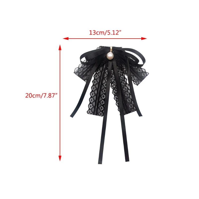 

Women Girls Black Lace Ribbon Bow Tie Imitation Pearl Pendant Brooch Pin Necklace Student Uniform Shirt Blouse Pre-Tied Collar