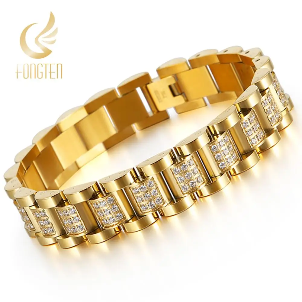 Fongten хип хоп стиль часы звено цепи мужской браслет с цирконом полированной