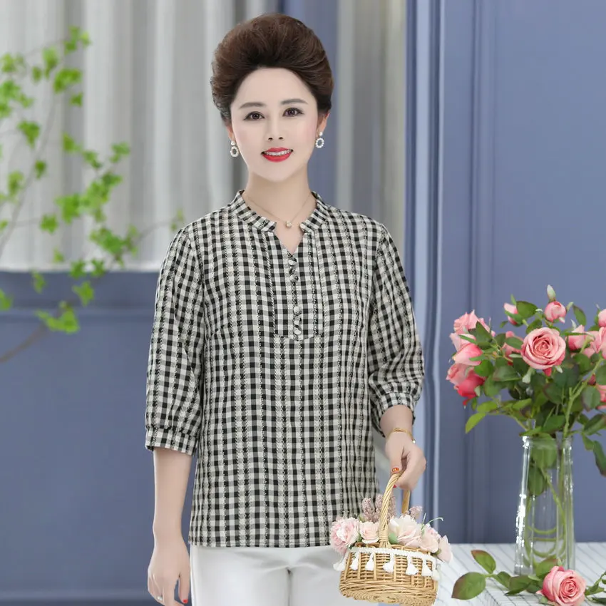 

Red Black Plaid Blouse Women Summer Spring Round Collar Three Quater Sleeve Small Checked Pattern Top For Mature Lady Clothes