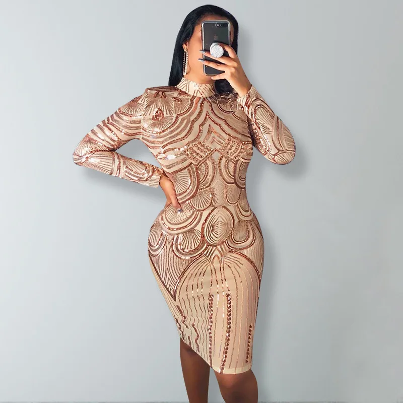 

Sexy Sequined Dress Party Long Sleeves Spring Winter Glitter Vestidos De Fiesta Mujer Slim Night Club Bodycon OL Dresses 2019