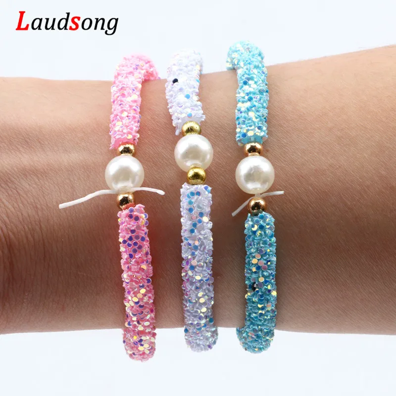 

3pcs White Blue Pink Cute Sequins Pearls Child Sweater Bracelet For Children's Jewelry Birthday Party Girl's Gifts