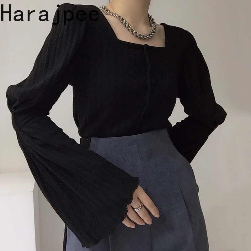 

Harajpee Knitted Cardigan Korean Chic Slim Square Collar Flare Sleeve Solid All-match Single Breasted Spring Autumn New Tops