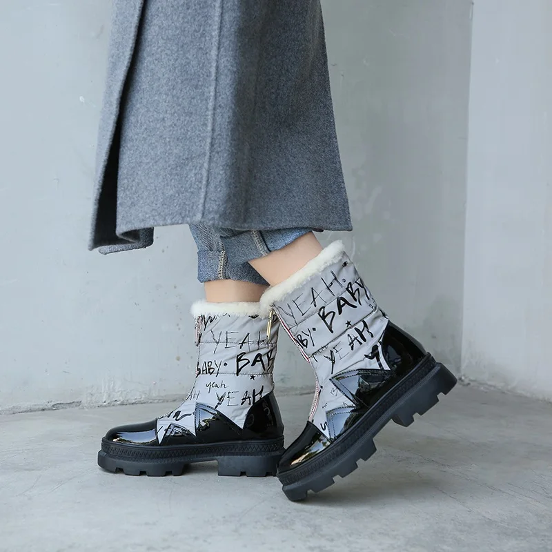 

fashion front zip leather fur+ down winter warm ankle boots for women snow boots female platform Russia winter boots large size
