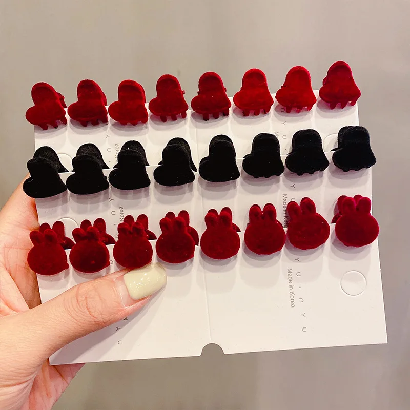

10pcs/set Women Girls Red Black Velvet Heart Rabbit Small Hair Claws Sweet Mini Hair Clips Hairpins Lovely Hair Accessories